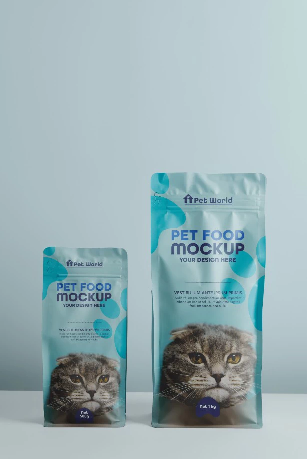 宠物动物狗粮猫粮包装袋VI场景展示效果智能贴图样机PSD设计素材【002】